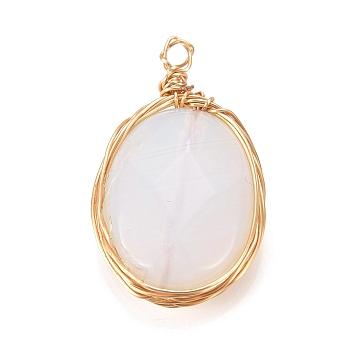 Opalite Pendants, Wire Wrapped Pendants, with Light Gold Plated Eco-Friendly Copper Wire, Faceted, Oval, 21~24x13~14x6~6.5mm, Hole: 1.5~2.5mm