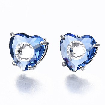 Brass Stud Earrings, with Glass and Steel Pins, Heart, Platinum, Cornflower Blue, 12x13mm, Pin: 0.6mm