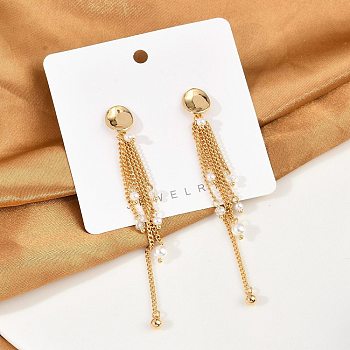 Brass ABS Plastic Pearl Tassel Stud Earrings, with Glass, Oval, Real 18K Gold Plated, 89.5x10.5mm