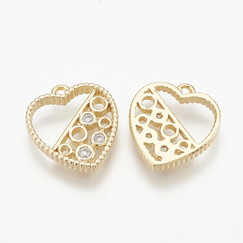 Brass Micro Pave Cubic Zirconia Charms, Heart, Nickel Free, Real 18K Gold Plated, 13x12x2mm, Hole: 1mm