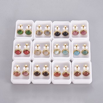 304 Stainless Steel Earlobe Plugs, Screw Back Earrings, with Synthetic Gemstone and Cat Eye, Half Round, Mixed Color, Golden, 8mm, Pin: 1mm, 12pairs/card