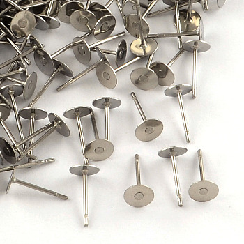 304 Stainless Steel Flat Round Blank Peg Stud Earring Settings, Stainless Steel Color, Tray: 14mm, 12mm, Pin: 0.7mm