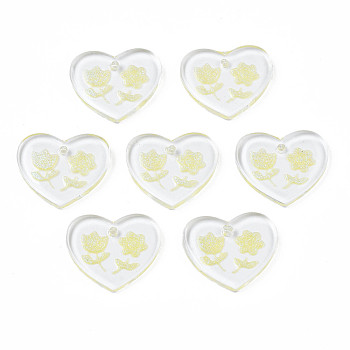 Transparent Resin Pendants, with Glitter Powder, Heart with Flower, Champagne Yellow, 17x20x2mm, Hole: 1.4mm