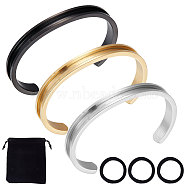 3Pcs 3 Color 304 Stainless Steel Grooved Bangles, Cuff Bangle, for Gemstone, Leather Inlay Bangle Making, with 1Pc Velvet Bag, Mixed Color, 1/4 inch(0.75cm), Inner Diameter: 2-3/8 inch(6.1cm), 1pc/color(FIND-UN0002-09)