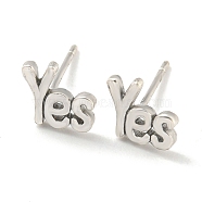 Rack Plated Word Yes Brass Stud Earrings for Women, Lead Free & Cadmium Free, Long-Lasting Plated, Matte Silver Color, 7x7.5mm(EJEW-Z048-10A-P)