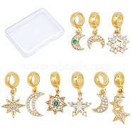 CREATCABIN 9Pcs 9 Style Brass Cubic Zirconia European Dangle Charms, Largr Hole Pendants, Long-Lasting Plated, Moon and Star, Real 18K Gold Plated, 1pc/style(KK-CN0001-69)