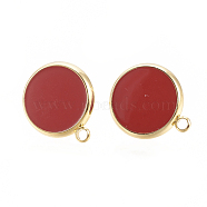 Brass Stud Earring Findings, with Enamel and Loop, Flat Round, Nickel Free, Real 18K Gold Plated, Red, 16.5x14mm, Hole: 1.5mm, Pin: 0.7mm(KK-S345-270B-G)