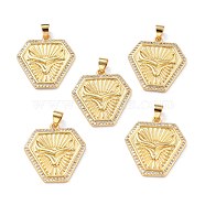 Brass Micro Pave Clear Cubic Zirconia Pendants, Long-Lasting Plated, Badge, Real 18K Gold Plated, 24.5x23x2.5mm, Hole: 3.5x4mm(ZIRC-L100-053G)