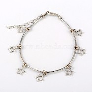 Tibetan Style Star Anklets, with Iron Tube Beads and Zinc Alloy Lobster Claw Clasps, Antique Silver, 225mm(AJEW-AN00040-01)