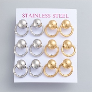 304 Stainless Steel Dangle Stud Earrings, with Ear Nuts, Ball with Ring, Golden & Stainless Steel Color, 17x14mm, Pin: 0.7mm, 6pairs/card(EJEW-F246-01GP)