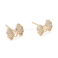 Brass Micro Pave Clear Cubic Zirconia Stud Earring Findings, with 925 Sterling Silver Pin, with Loop, Bowknot, Real 14K Gold Plated, 7x10mm, Hole: 1.2mm, Pin: 0.7mm(KK-D063-16G)