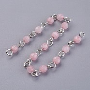 Handmade Natural Rose Quartz Beads Chains, Unwelded, with Iron Eye Pin, Round, Faceted, Platinum, 12~12.5x4~4.5mm, about 39.37 inch(1m)/strand(AJEW-JB00454-03)