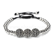 Adjustable Brass with Black Cubic Zirconia Beaded Braided Bracelets, Platinum(MK6347-2)