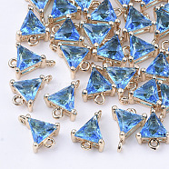 Transparent Glass Links connectors, with Brass Findings, Faceted, Triangle, Light Gold, Dodger Blue, 11x8x5mm, Hole: 1mm(GLAA-T007-23C)