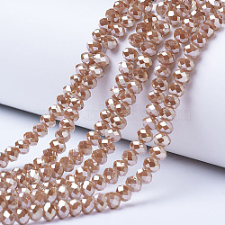 Electroplate Opaque Solid Color Glass Beads Strands, Platinum Plated, Faceted, Rondelle, Camel, 4x3mm, Hole: 0.4mm, about 123~127pcs/strand, 16.5~16.9 inch(42~43cm)(EGLA-A034-P4mm-C02)