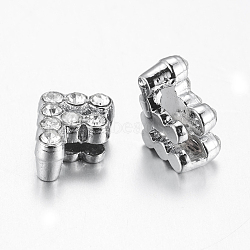 Alloy Letter Slide Charms, with Grade A Rhinestone, Platinum Color, Crystal, 9~10x3~9.5x5mm, Hole: 6x1mm(RB-C1419-F)