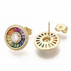 Brass Micro Pave Colorful Cubic Zirconia Stud Earrings, with Earring Backs, Flat Round, Real 16K Gold Plated, 15.5mm, Pin: 0.7mm(EJEW-S208-050)