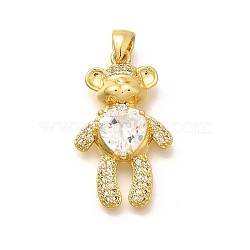 Rack Plating Brass Micro Pave Cubic Zirconia Pendants, Long-Lasting Plated, Lead Free & Cadmium Free, Bear Charms, Real 18K Gold Plated, 28x17x5.5mm, Hole: 5x3mm(KK-L226-006G-07)