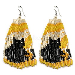 Boho Seed Bead Halloween Black Cat Tassel Earrings, Iron Dangle Earring for Women, Goldenrod, 90x37mm(EJEW-Q380-05)