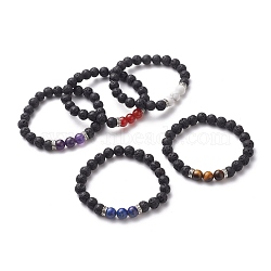 Round Natural Lava Rock Beaded Stretch Bracelets, with Antique Silver Plated Alloy Spacer Beads and Natural Gemstone Beads, 2 inch(5.2cm)(BJEW-JB05506)