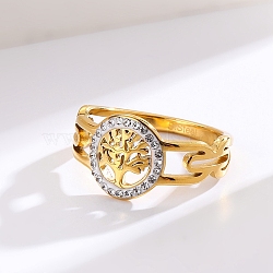 Stainless steel Rhinestone Hollow Ring, Flat Round, Golden, US Size 6(16.5mm)(PW-WG52D5D-03)