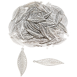 HOBBIESAY 100Pcs 201 Stainless Steel Pendants, Etched Metal Embellishments, Leaf Charm, Stainless Steel Color, 32x10x0.2mm, Hole: 1.4mm(STAS-HY0001-40)