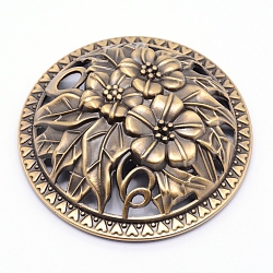 Alloy Cover, with Botany Pattern, for Incense Burner, Round with Flower, Cadmium Free & Lead Free, Antique Bronze, 79.5x22.5mm, Inner Diameter: 67.5mm(PALLOY-WH0076-68AB-RS)