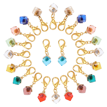 2 Sets Cube Glass Pendant Decoration, Lobster Clasp Charms, Clip-on Charms, for Keychain, Purse, Backpack Ornament, Stitch Marker, Mixed Color, 34mm, 11pcs/set