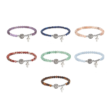 7Pcs 7 Style Natural Mixed Gemstone & Alloy Saint Benedict Medal Beaded Stretch Bracelets Set, 304 Stainless Steel Cross Charms Stackable Bracelets for Women, Inner Diameter: 2-1/8 inch(5.3cm), 1Pc/style