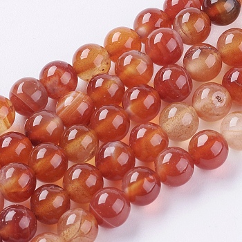 Natural Striped Agate/Banded Agate Beads Strands, Dyed, Round, FireBrick, 8mm, Hole: 1mm, about 48pcs/strand, 15 inch