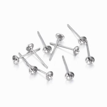304 Stainless Steel Post Stud Earring Settings For Half Drilled Beads, Stainless Steel Color, 14x4mm, trayr: 3.5mm, Pin: 0.8mm