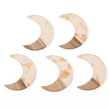 Transparent Resin & Walnut Wood Pendants, with Gold Foil, Moon, Clear, 38x30x3mm, Hole: 2mm