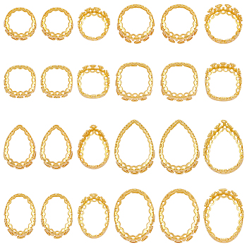 Elite 32Pcs 8 Styles Brass Cabochon Settings, Open Back Tray Settings, Flat Round & Teardrop & Square, Hollow Mixed Shapes, Golden, Tray: 10.5~18x10.5~13mm, 11.5~20x11.5~14x6~7mm, 4pcs/style
