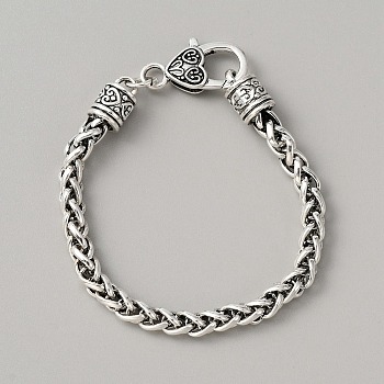 Alloy Wheat Chain Bracelet with Heart Clasp for Women, Antique Silver, 7-3/8 inch(18.8cm)
