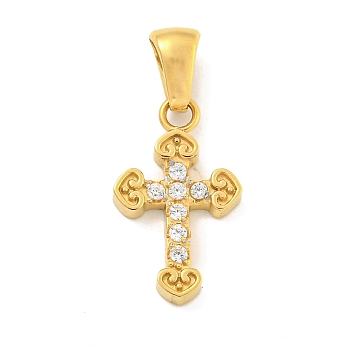 Ion Plating(IP) 304 Stainless Steel Cubic Zirconia Pendants, Cross Charm, Golden, 18x10.5x2.5mm, Hole: 6x3mm