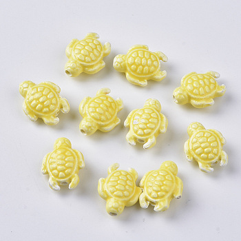 Handmade Porcelain Beads, Bright Glazed Porcelain Style, Tortoise, Yellow, 19x15x8.5mm, Hole: 2mm