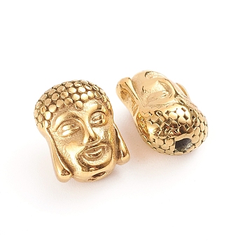Buddhist 304 Stainless Steel Beads, Buddha Head, Golden, 11.5x9x7mm, Hole: 1.8mm