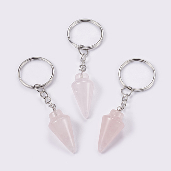 Natural Rose Quartz Keychain, with Iron Key Rings, Platinum, 78mm, Pendant: 32x14mm