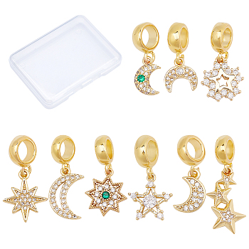 CREATCABIN 9Pcs 9 Style Brass Cubic Zirconia European Dangle Charms, Largr Hole Pendants, Long-Lasting Plated, Moon and Star, Real 18K Gold Plated, 1pc/style