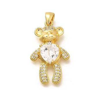 Rack Plating Brass Micro Pave Cubic Zirconia Pendants, Long-Lasting Plated, Lead Free & Cadmium Free, Bear Charms, Real 18K Gold Plated, 28x17x5.5mm, Hole: 5x3mm