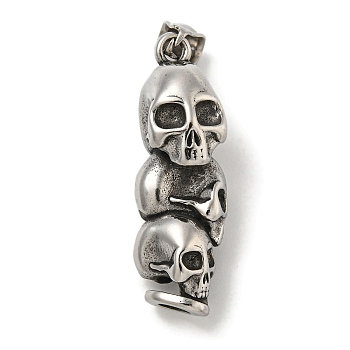 316 Surgical Stainless Steel Pendants, Skull Charm, Antique Silver, 41x13x16mm, Hole: 4x8mm