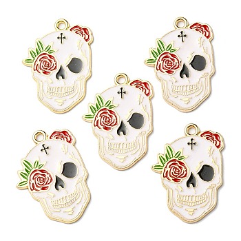 Halloween Alloy Pendants, with Enamel, Light Gold, Skull with Rose Charm, Dark Red, 28x20~20.5x1mm, Hole: 1.8mm