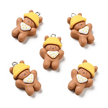 Opaque Resin Pendants, Bear with Yellow Hat Charm, with Platinum Tone Iron Loops, Camel, 29.5x18.5x9mm, Hole: 2x2.6mm