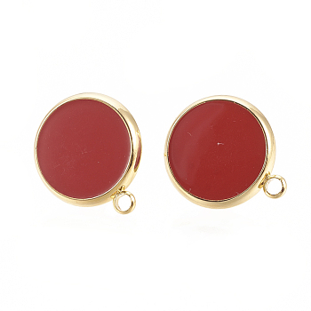Brass Stud Earring Findings, with Enamel and Loop, Flat Round, Nickel Free, Real 18K Gold Plated, Red, 16.5x14mm, Hole: 1.5mm, Pin: 0.7mm