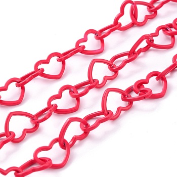 Spray Painted Brass Heart Link Chains, with Spool, Unwelded, Crimson, 15.5x19x2mm, 32.8 Feet(10m)/roll