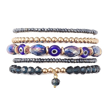 5Pcs 5 Style Glass & Lampwork Evil Eye Stretch Bracelets Set, Stackable Bracelet with Round Charms, Prussian Blue, Inner Diameter: 2-3/8 inch(5.9cm), 1Pc/style