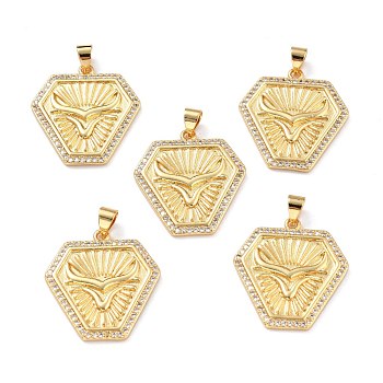 Brass Micro Pave Clear Cubic Zirconia Pendants, Long-Lasting Plated, Badge, Real 18K Gold Plated, 24.5x23x2.5mm, Hole: 3.5x4mm