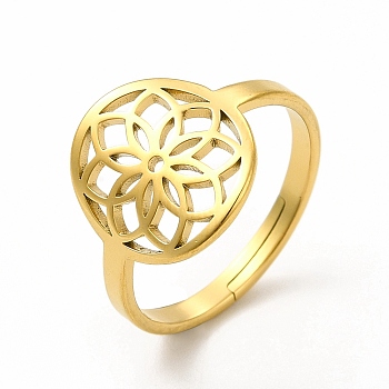 Ion Plating(IP) 304 Stainless Steel Flower Adjustable Ring for Women, Real 18K Gold Plated, US Size 6(16.5mm)