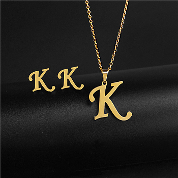 Golden Stainless Steel Initial Letter Jewelry Set, Stud Earrings & Pendant Necklaces, Letter K, No Size