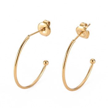304 Stainless Steel Stud Earrings, Half Hoop Earrings, with Round Beads and Ear Nuts, Semicircular, Real 14K Gold Plated, 25x24x2mm, Pin: 0.8mm